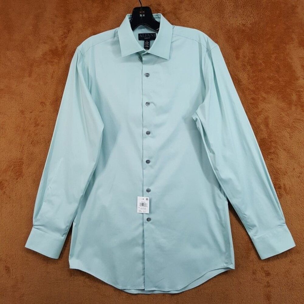 ALFANI Dress Shirt Mens Size 14 14.5 32 33 Solid Light Green Slim Fit Stretch